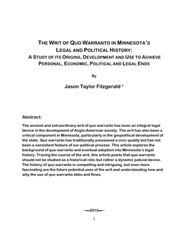 Jason Taylor Fitzgerald: "The Writ of Quo Warranto in Minnesota