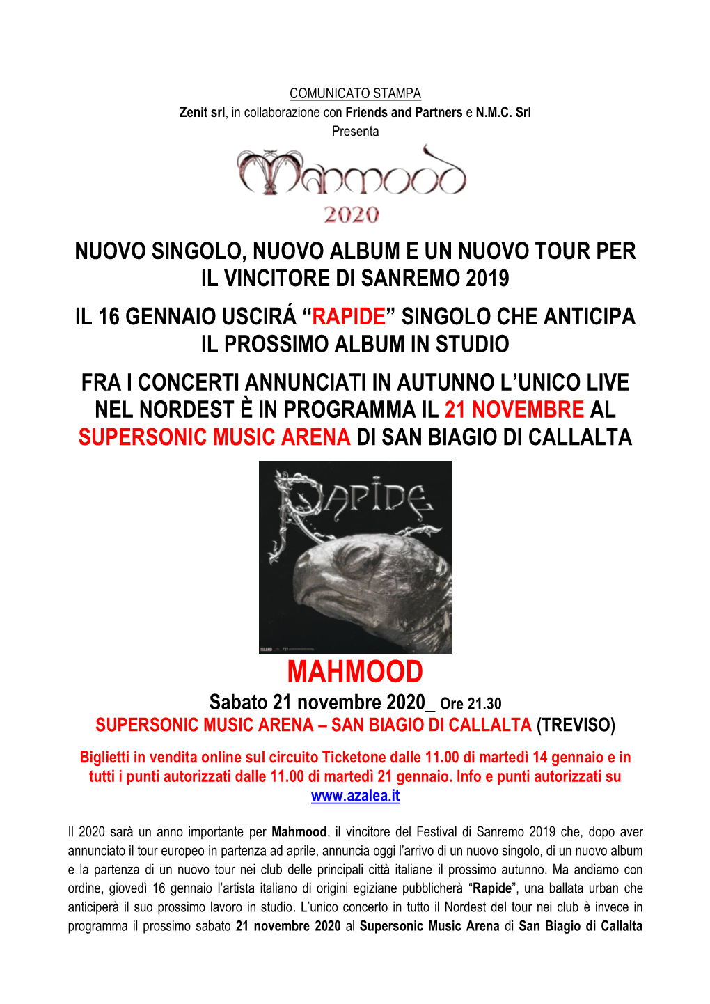 MAHMOOD Sabato 21 Novembre 2020 Ore 21.30 SUPERSONIC MUSIC ARENA – SAN BIAGIO DI CALLALTA (TREVISO)