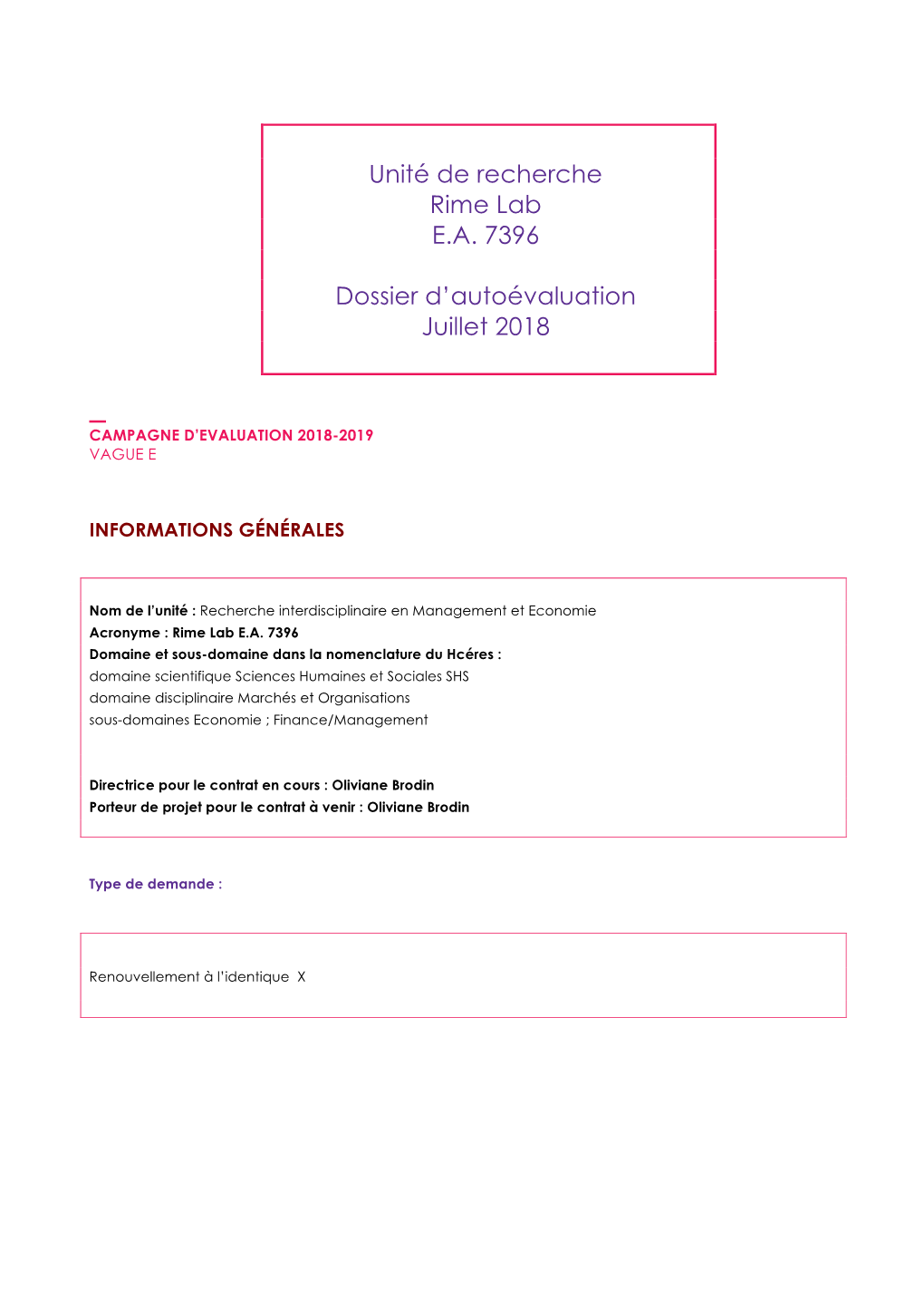 Unité De Recherche Rime Lab E.A. 7396 Dossier D'autoévaluation
