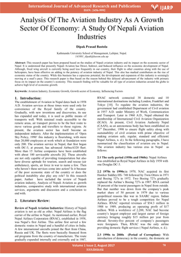 Analysis of the Aviation Industry As a Growth Sector of Economy: a Study of Nepali Aviation Industries