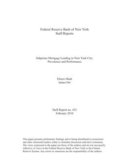 Subprime Mortgage Lending in New York City: Prevalence and Performance