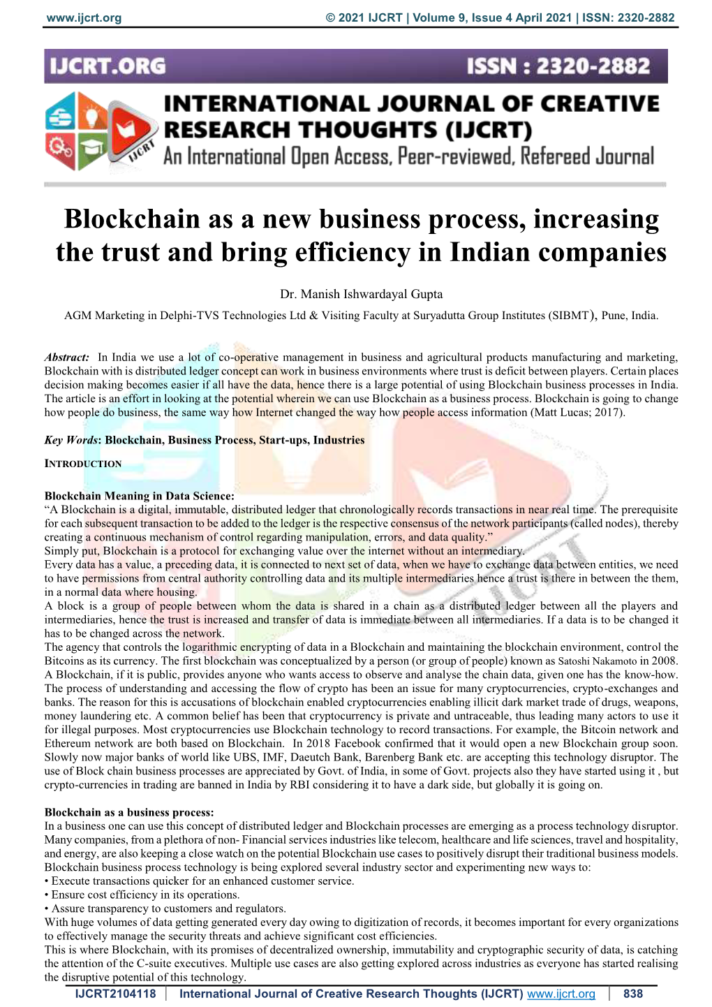 Blockchain As a New Business Process, Increasing the Trust and Bring Efficiency in Indian Companies