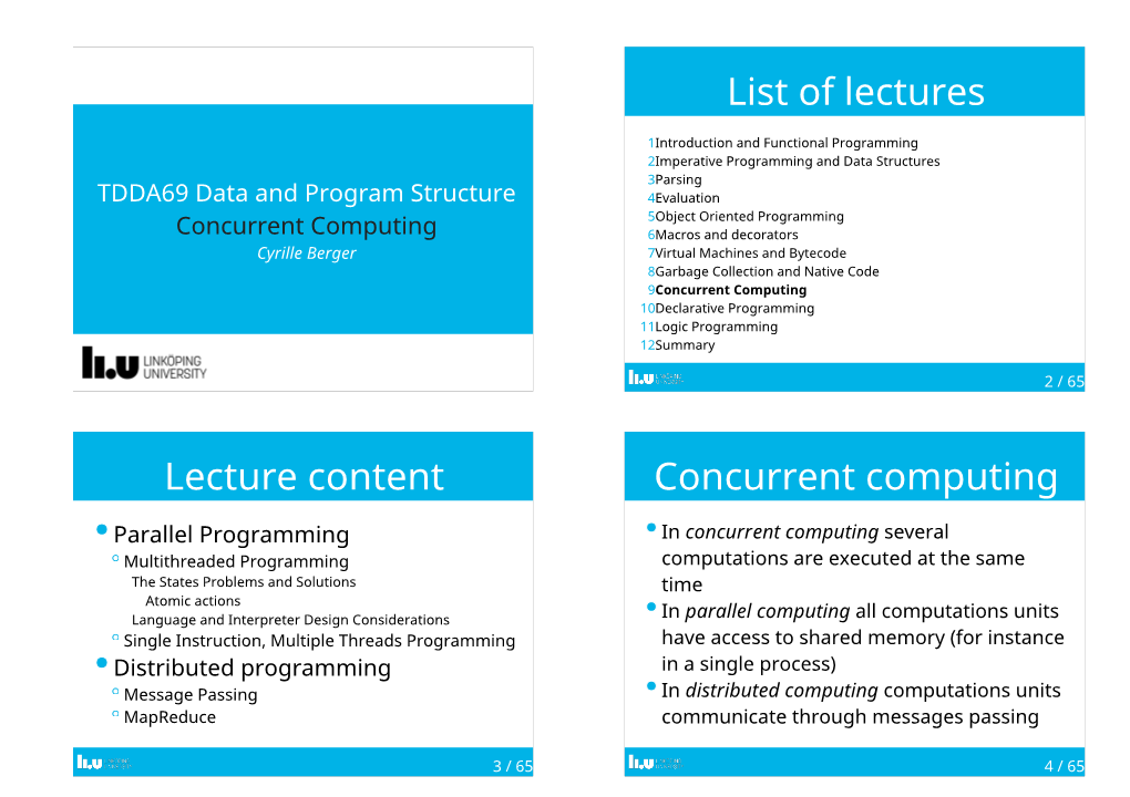 List of Lectures Lecture Content Concurrent Computing