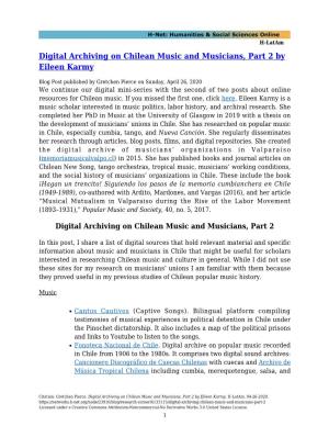 Digital Archiving on Chilean Music and Musicians, Part 2 by Eileen Karmy