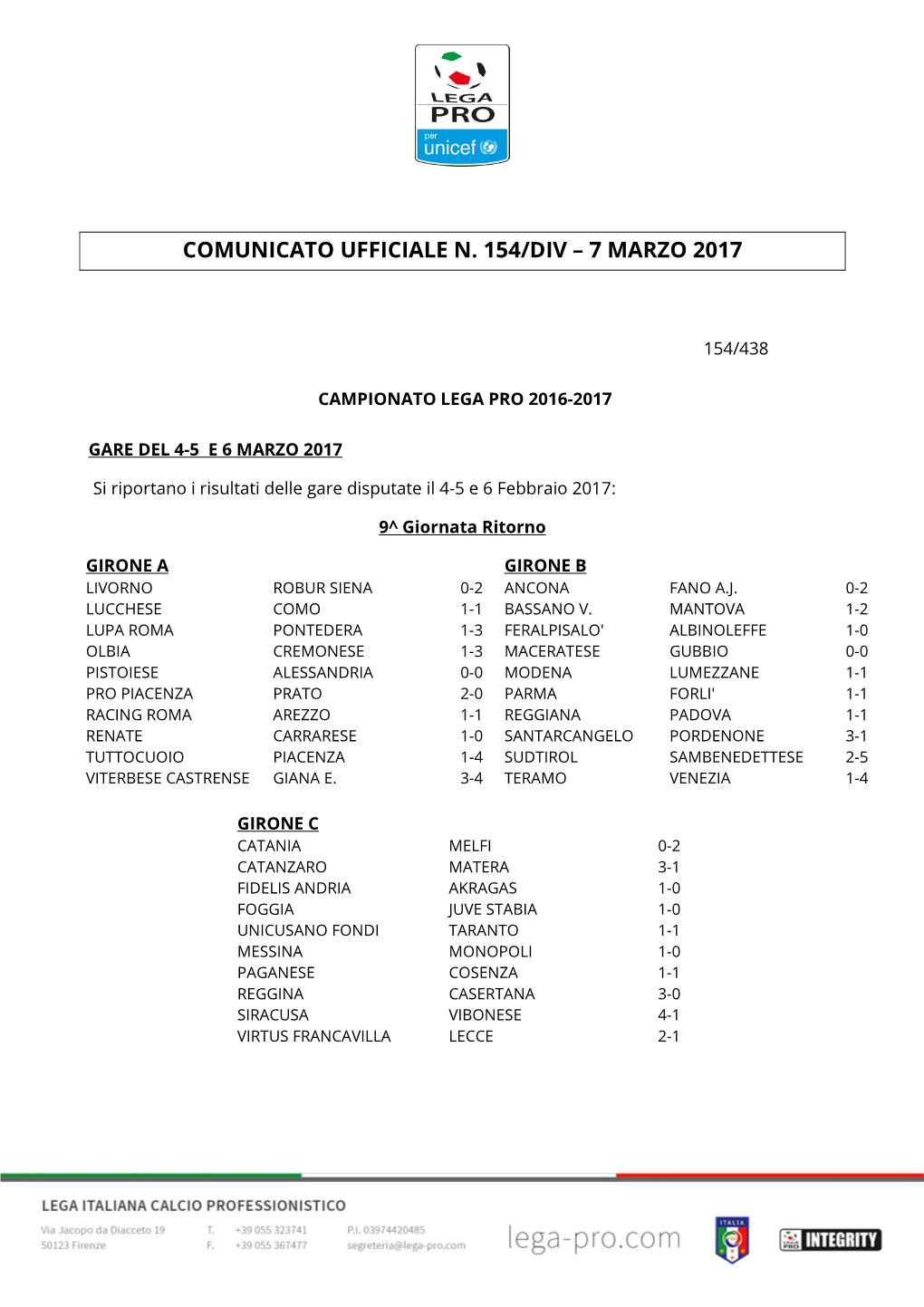 Comunicato Ufficiale N. 154/Div – 7 Marzo 2017