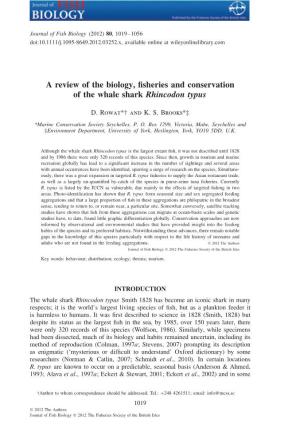 A Review of the Biology, Fisheries and Conservation of the Whale Shark