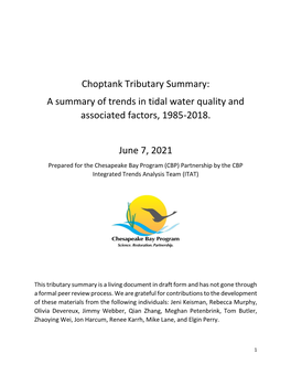 Choptank Tributary Summary: a Summary of Trends in Tidal Water Quality and Associated Factors, 1985-2018