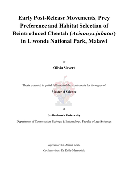 Early Post-Release Movements, Prey Preference and Habitat Selection of Reintroduced Cheetah (Acinonyx Jubatus) in Liwonde National Park, Malawi