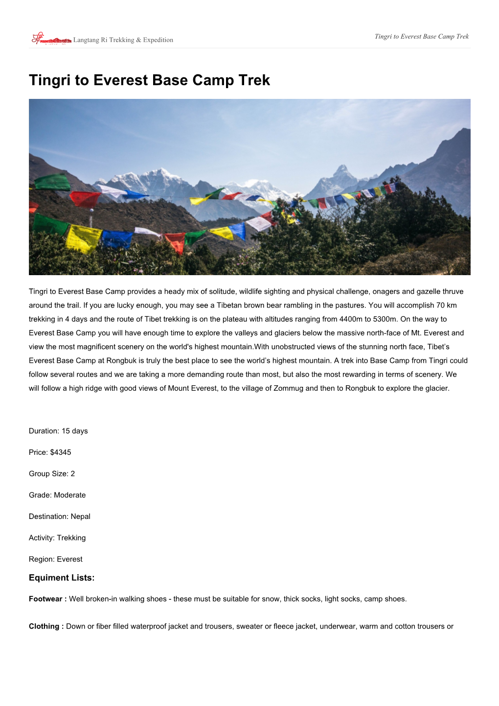 Tingri to Everest Base Camp Trek Langtang Ri Trekking & Expedition