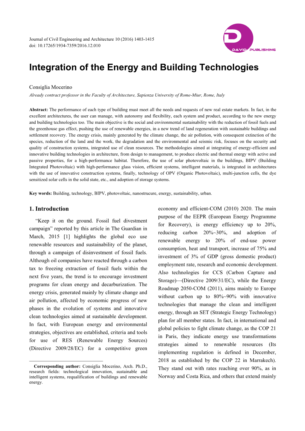 Integration of the Energy and Building Technologies