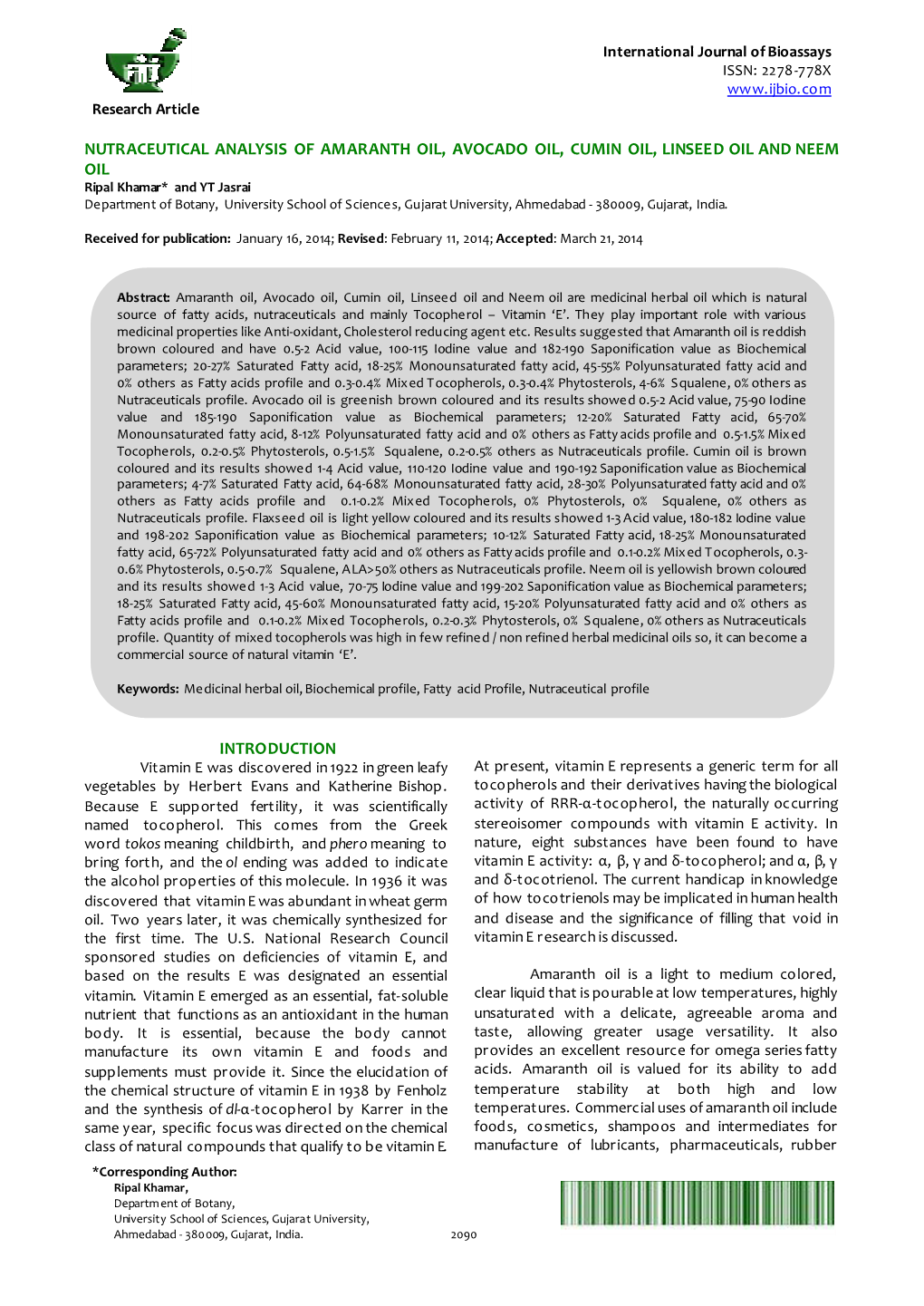 Nutraceutical Analysis of Amaranth Oil, Avocado Oil, Cumin Oil, Linseed Oil