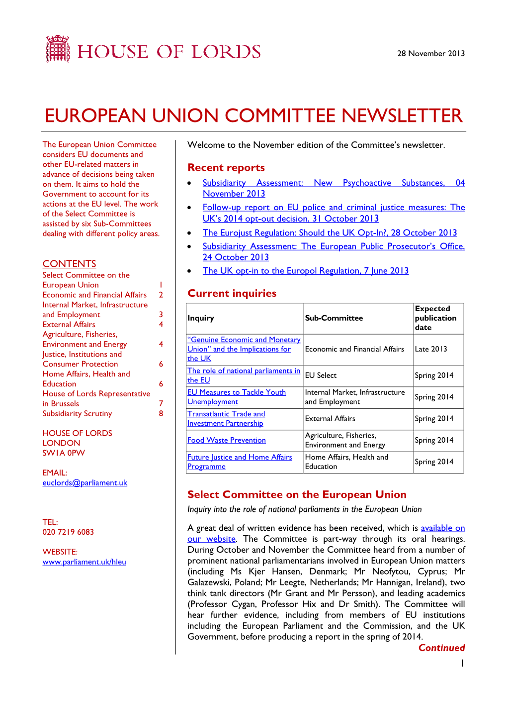 European Union Committee Newsletter