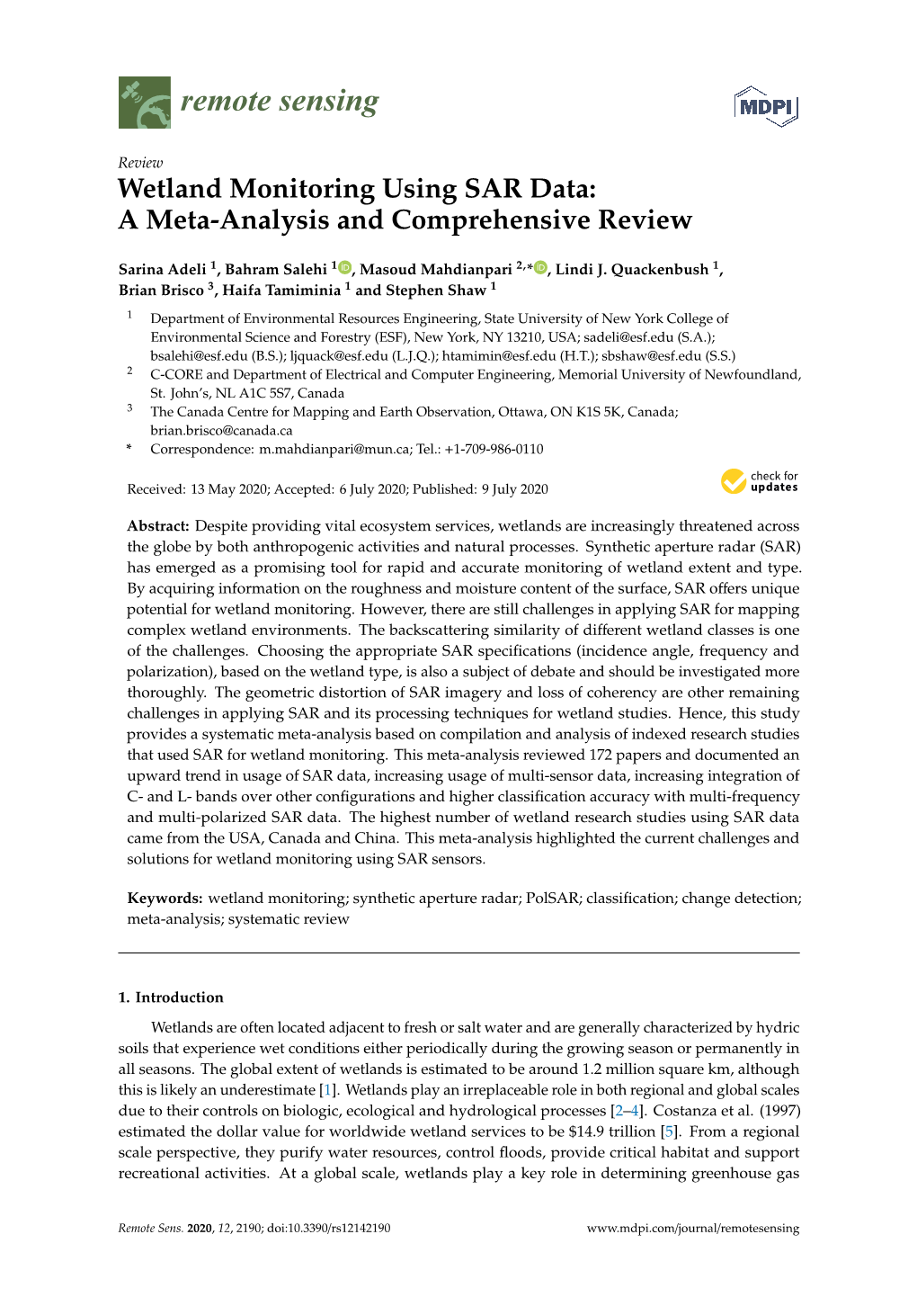 Wetland Monitoring Using SAR Data: a Meta-Analysis and Comprehensive Review