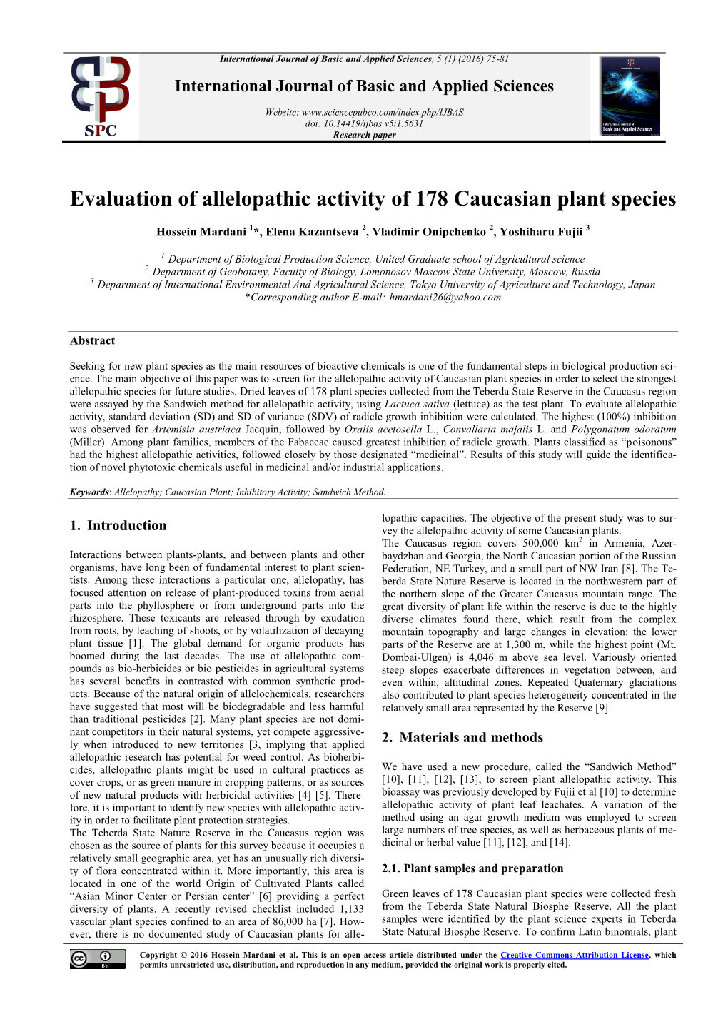 Evaluation of Allelopathic Activity of 178 Caucasian Plant Species