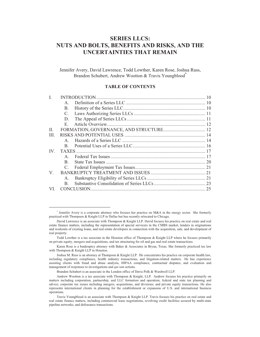 Series Llcs: Nuts and Bolts, Benefits and Risks, and the Uncertainties That Remain