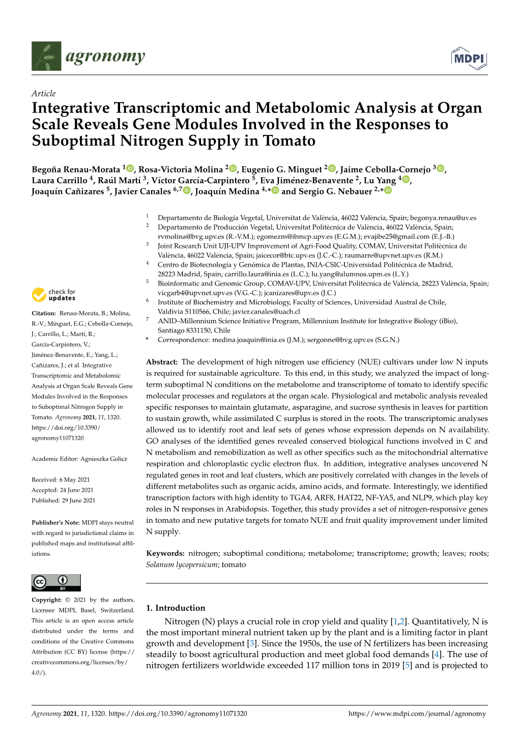 Integrative Transcriptomic and Metabolomic Analysis at Organ Scale Reveals Gene Modules Involved in the Responses to Suboptimal Nitrogen Supply in Tomato