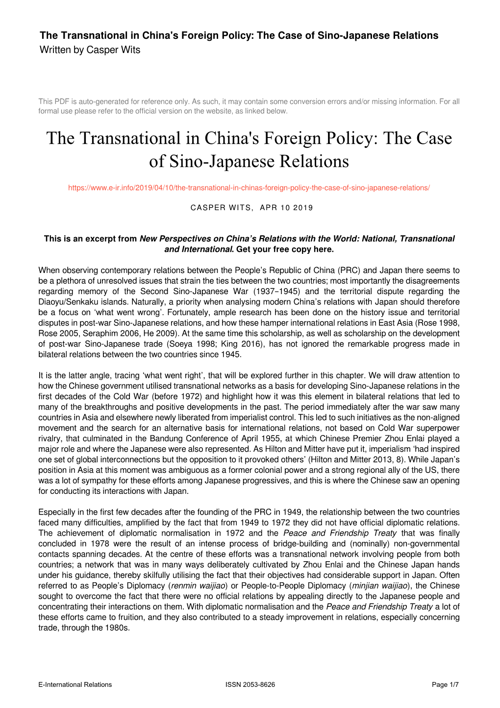 The Transnational in China's Foreign Policy: the Case of Sino-Japanese Relations Written by Casper Wits