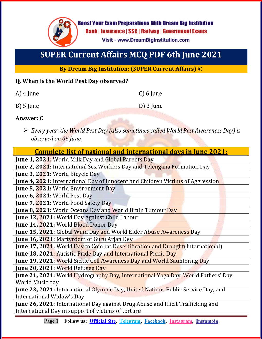SUPER Current Affairs MCQ PDF 6Th June 2021
