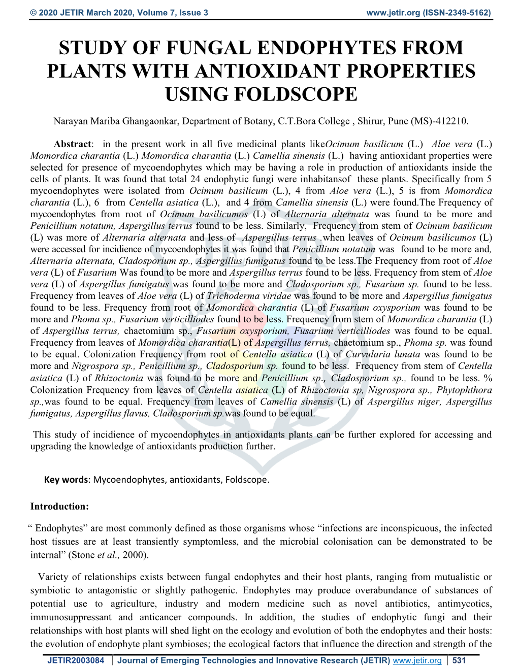 Study of Fungal Endophytes from Plants with Antioxidant Properties Using Foldscope