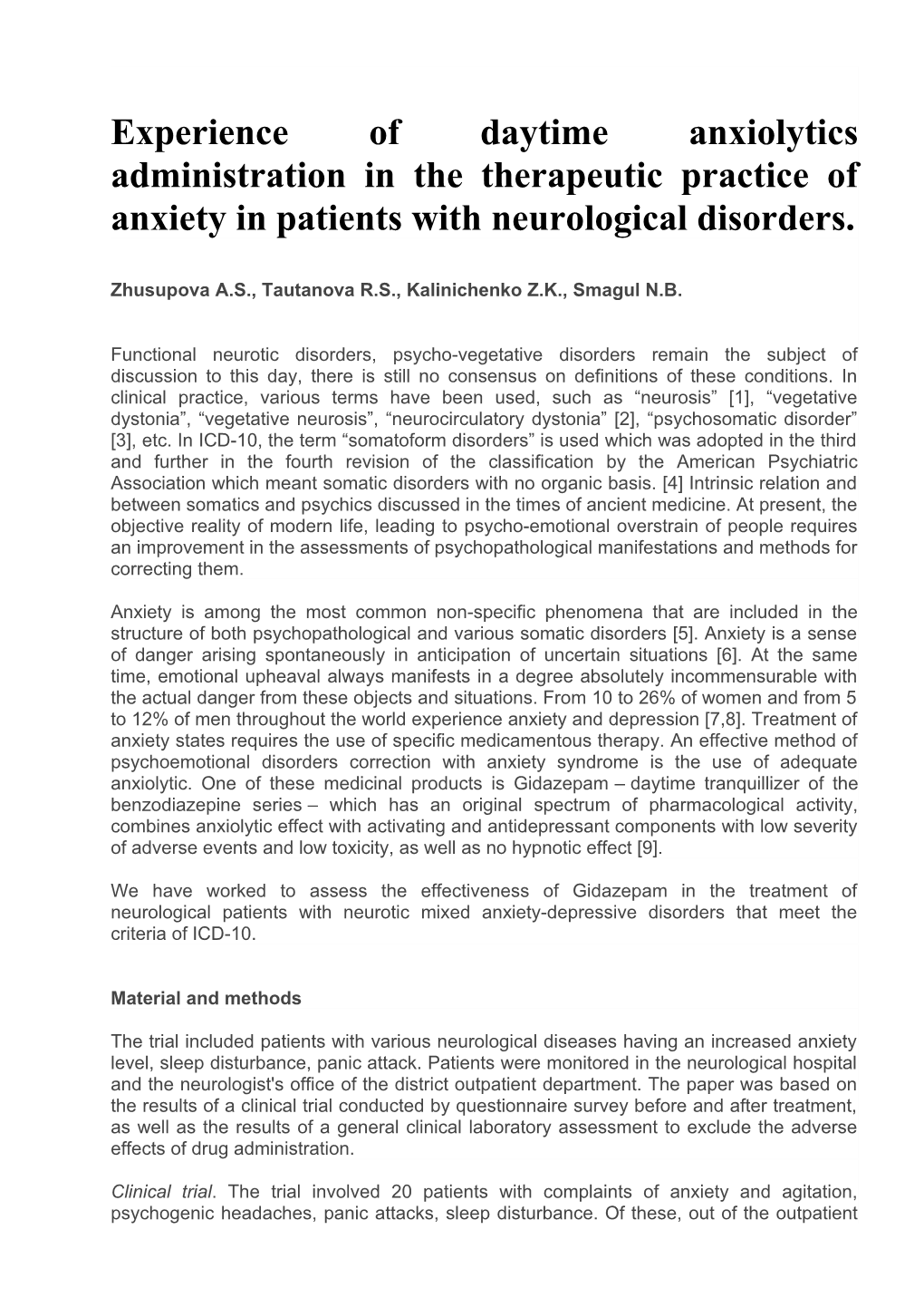 Experience of Daytime Anxiolytics Administration in the Therapeutic Practice of Anxiety in Patients with Neurological Disorders