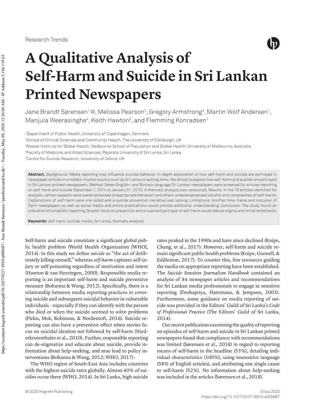 A Qualitative Analysis of Self-Harm and Suicide in Sri Lankan Printed Newspapers