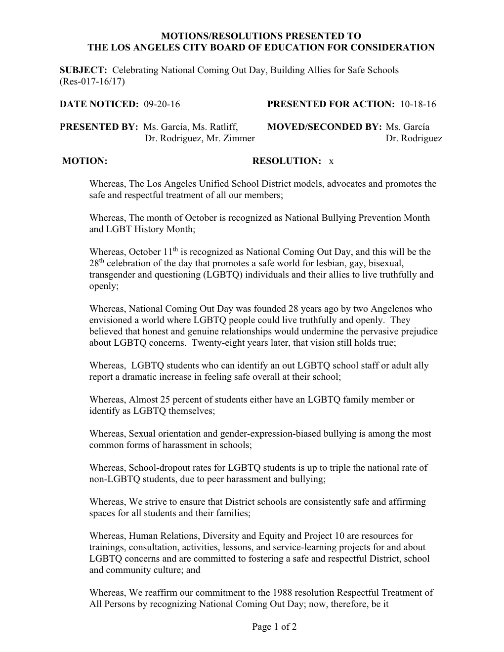 Motions/Resolutions Presented to the Los Angeles City Board of Education for Consideration