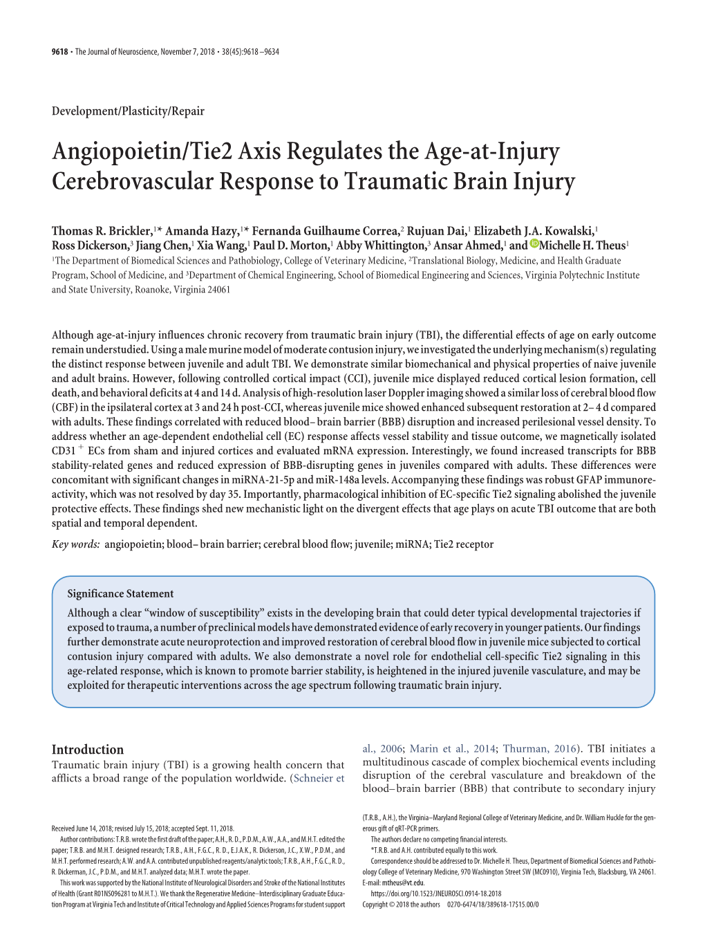 Angiopoietin/Tie2 Axis Regulates the Age-At-Injury Cerebrovascular Response to Traumatic Brain Injury