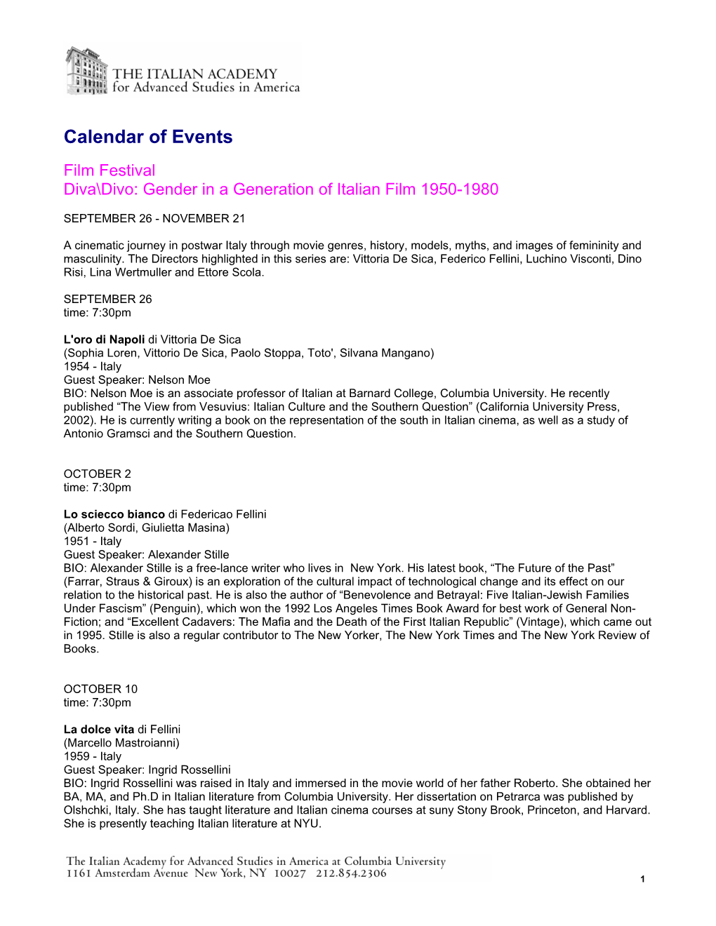 Calendar of Events