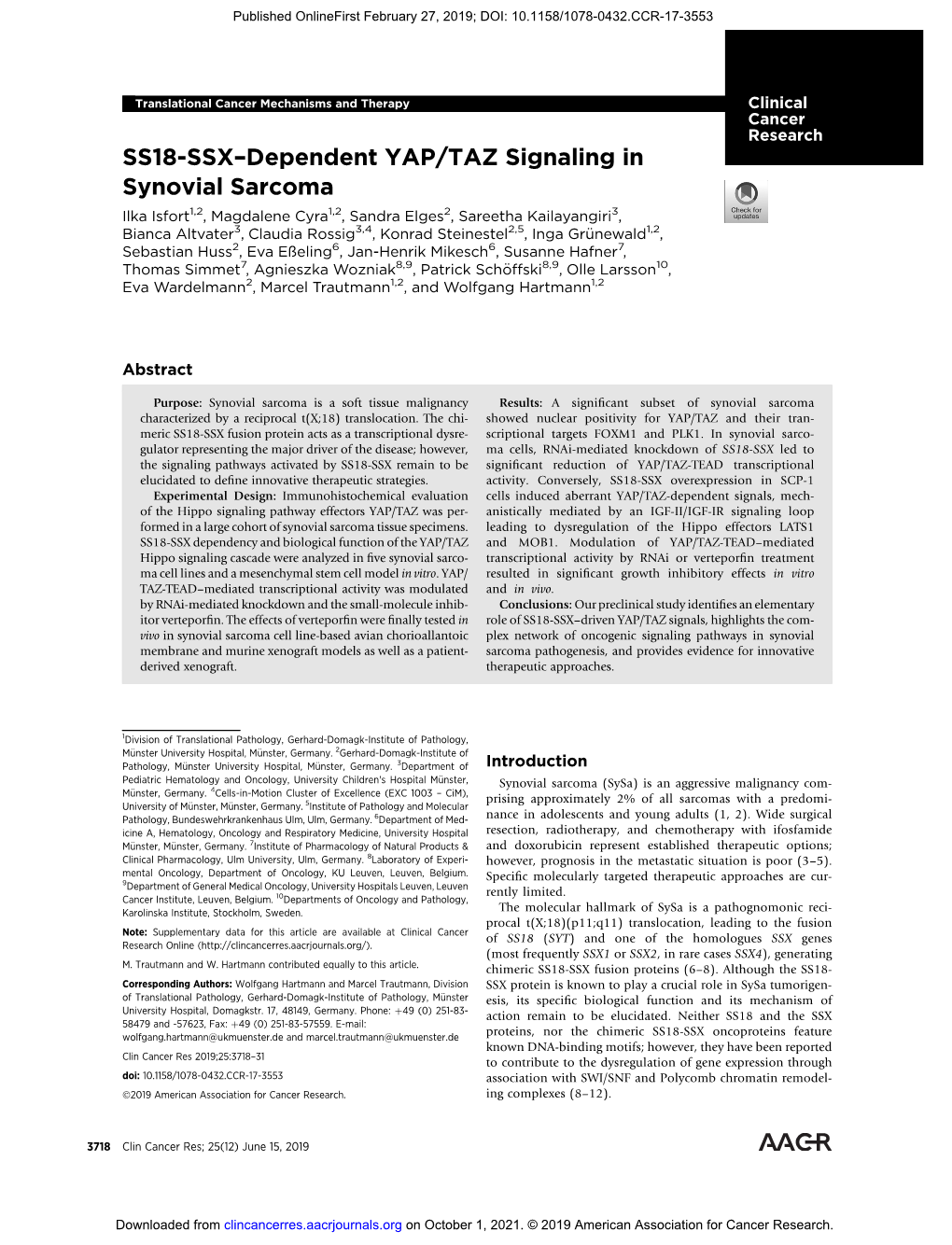 SS18-SSX–Dependent YAP/TAZ Signaling in Synovial Sarcoma