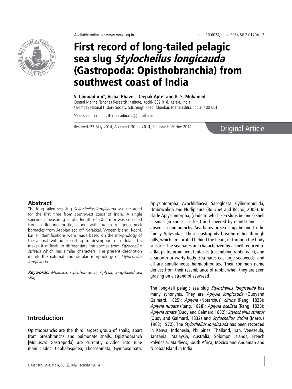 Sea Slug Stylocheilus Longicauda (Gastropoda: Opisthobranchia) from Southwest Coast of India