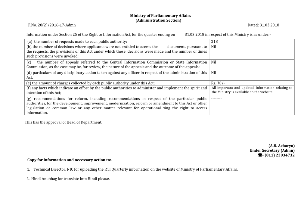 Ministry of Parliamentary Affairs (Administration Section) F.No. 28(2)/2016-17-Admn Dated: 31.03.2018