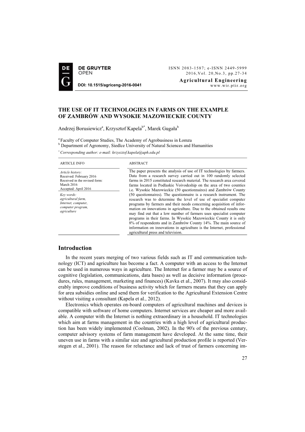 The Use of It Technologies in Farms on the Example of Zambrów and Wysokie Mazowieckie County