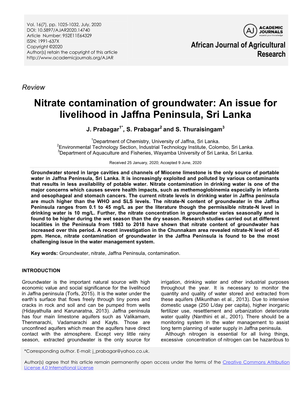 Nitrate Contamination of Groundwater: an Issue for Livelihood in Jaffna Peninsula, Sri Lanka