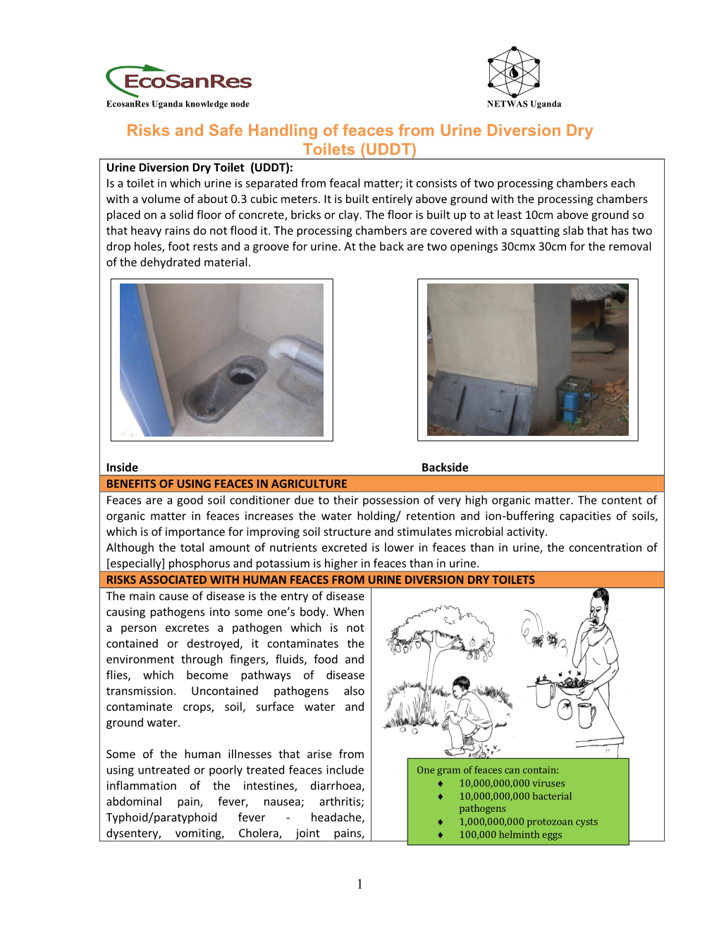 Risks and Safe Handling of Feaces from Urine Diversion Dry Toilets (UDDT)