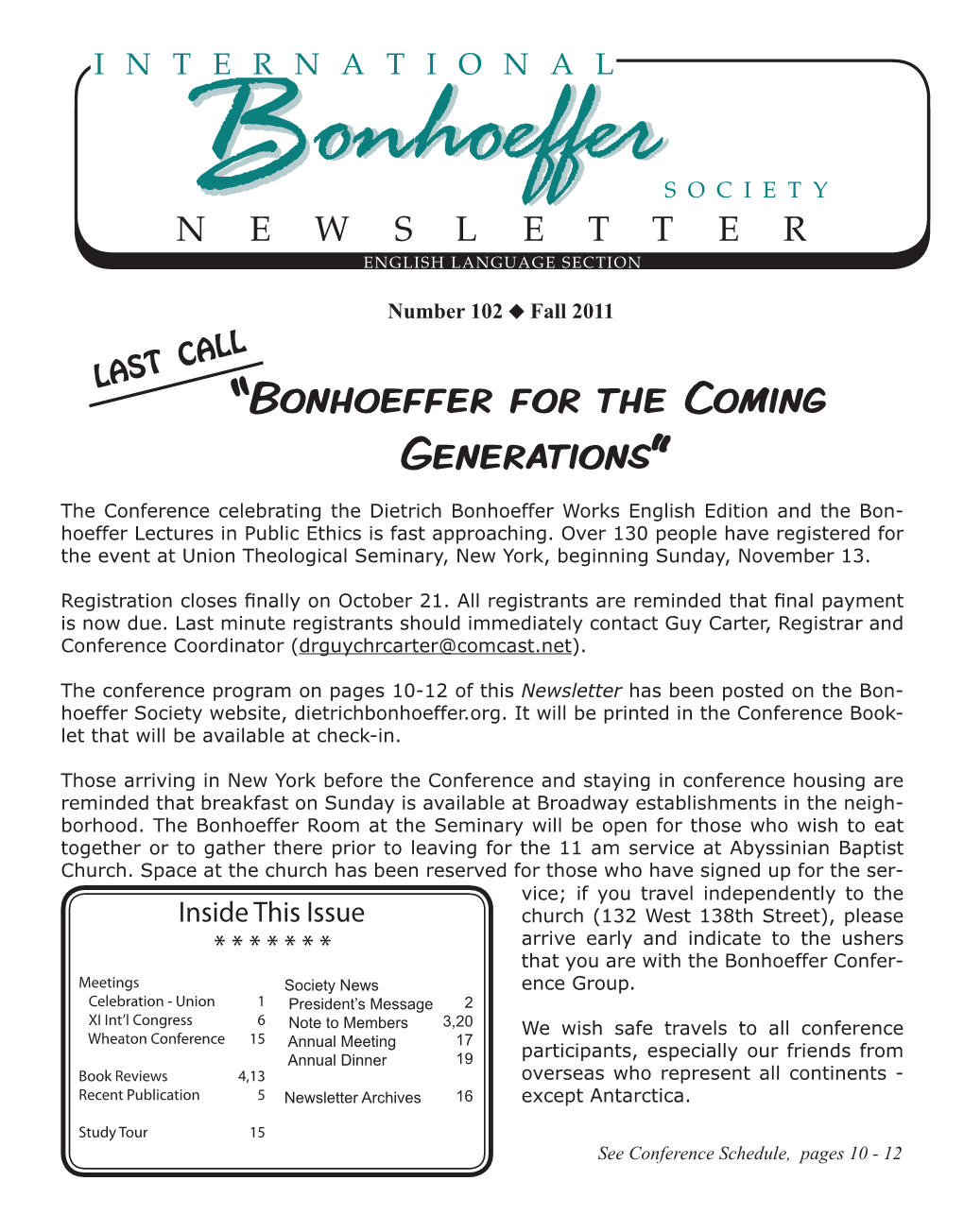 “Bonhoeffer for the Coming Generations” Conference Schedule