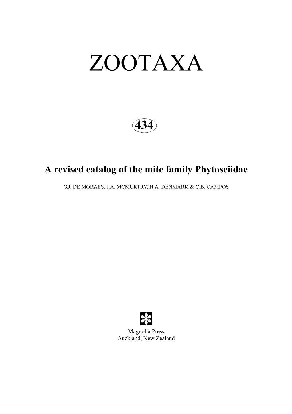 Revised Catalog of the Mite Family Phytoseiidae