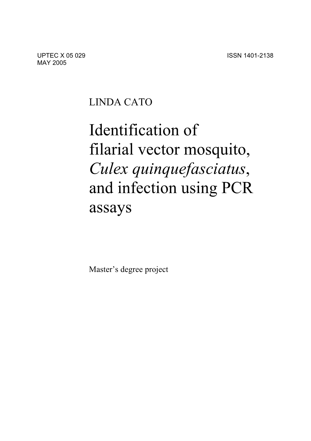 Identification of Filarial Vector Mosquito, Culex Quinquefasciatus, and Infection Using PCR Assays