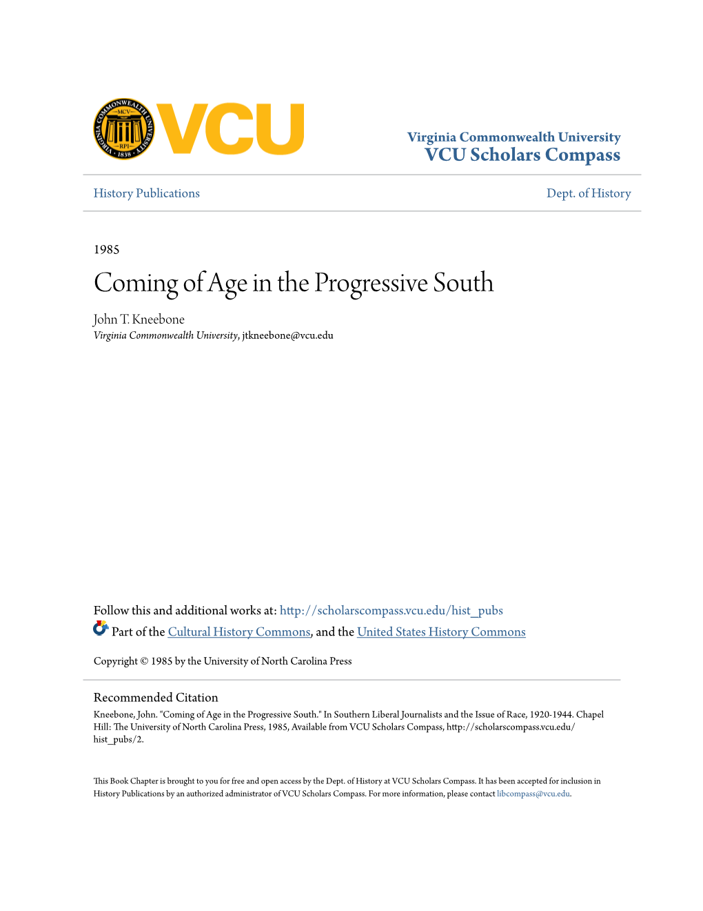 Coming of Age in the Progressive South John T