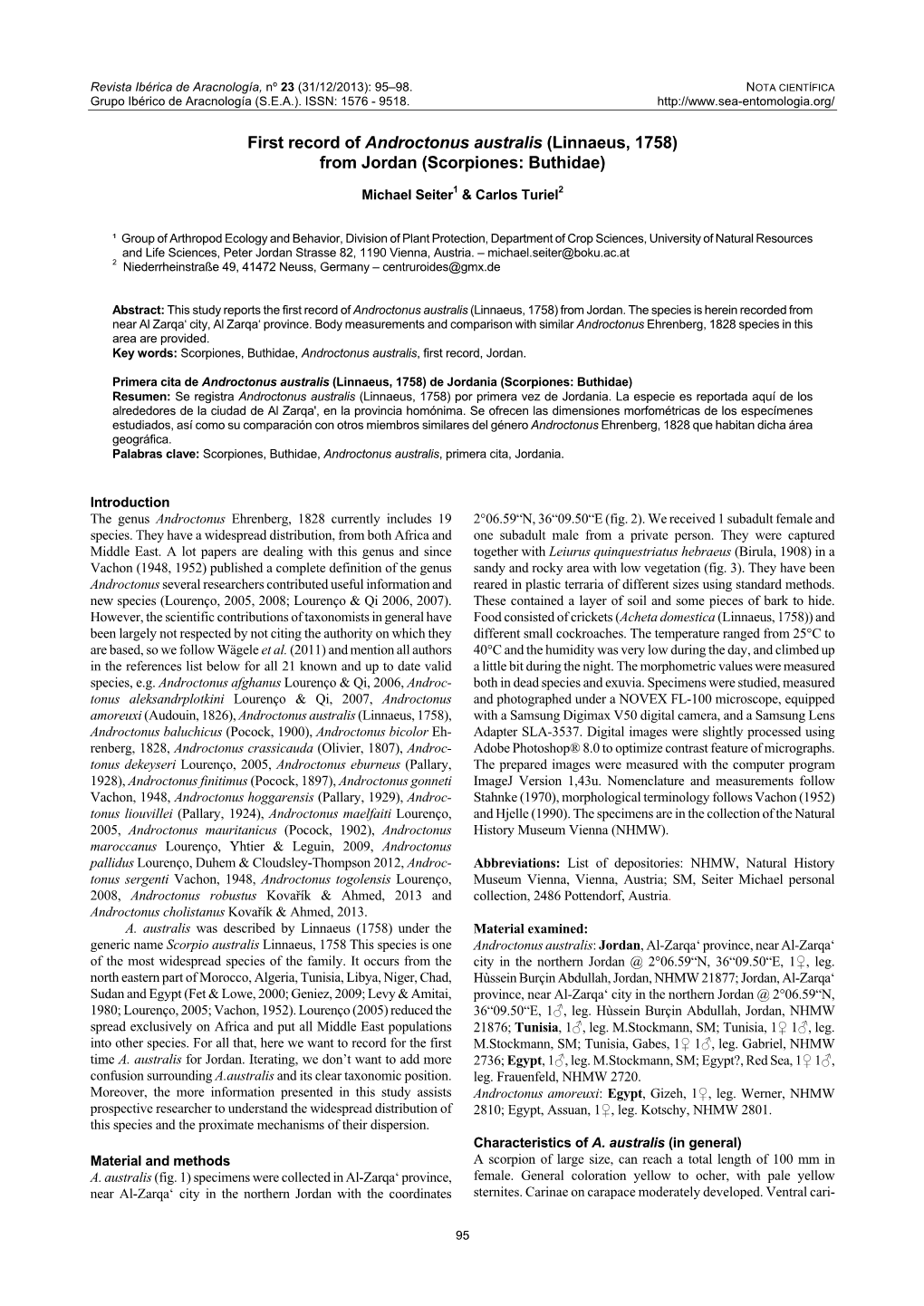 First Record of Androctonus Australis (Linnaeus, 1758) from Jordan (Scorpiones: Buthidae)