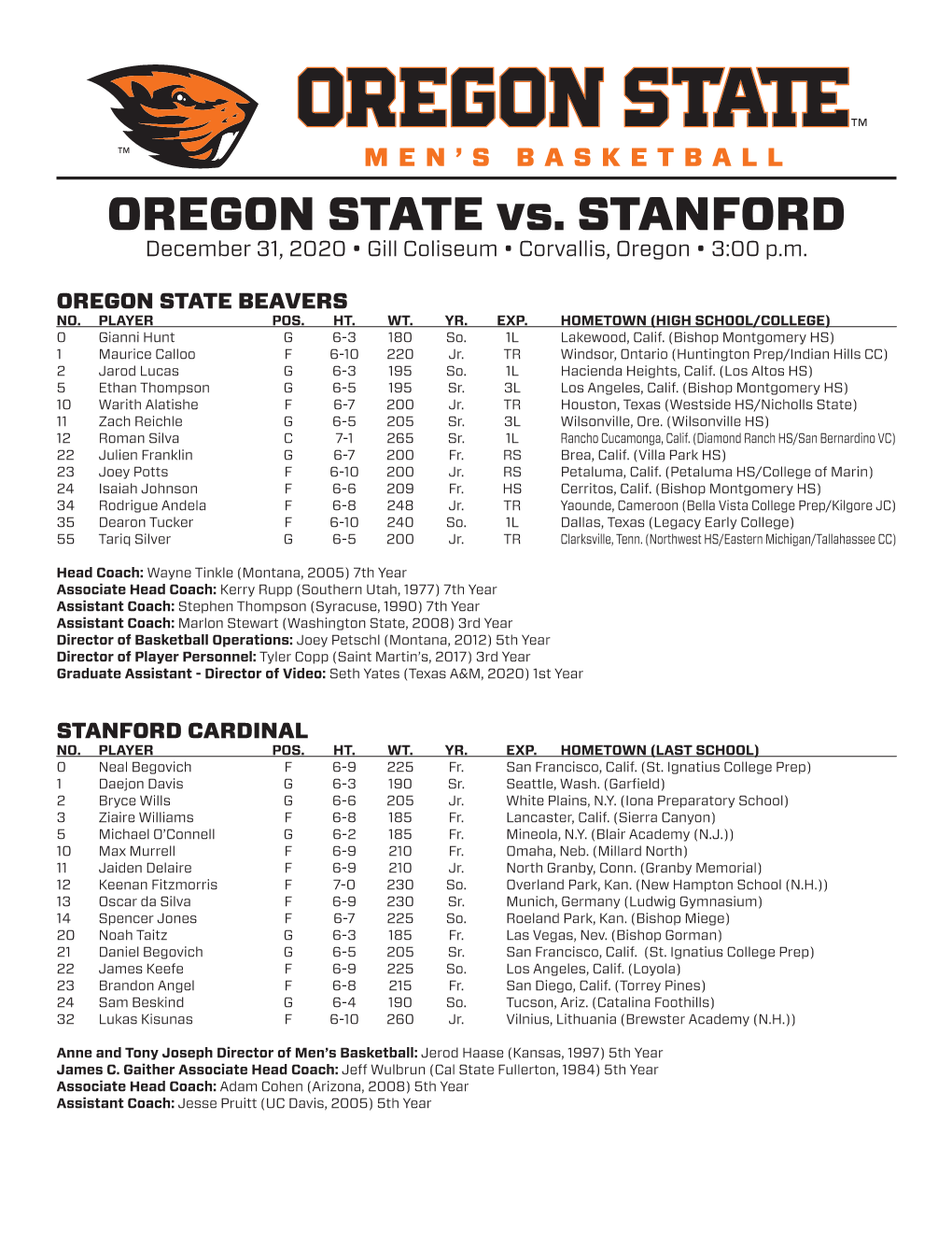 OREGON STATE Vs. STANFORD December 31, 2020 • Gill Coliseum • Corvallis, Oregon • 3:00 P.M