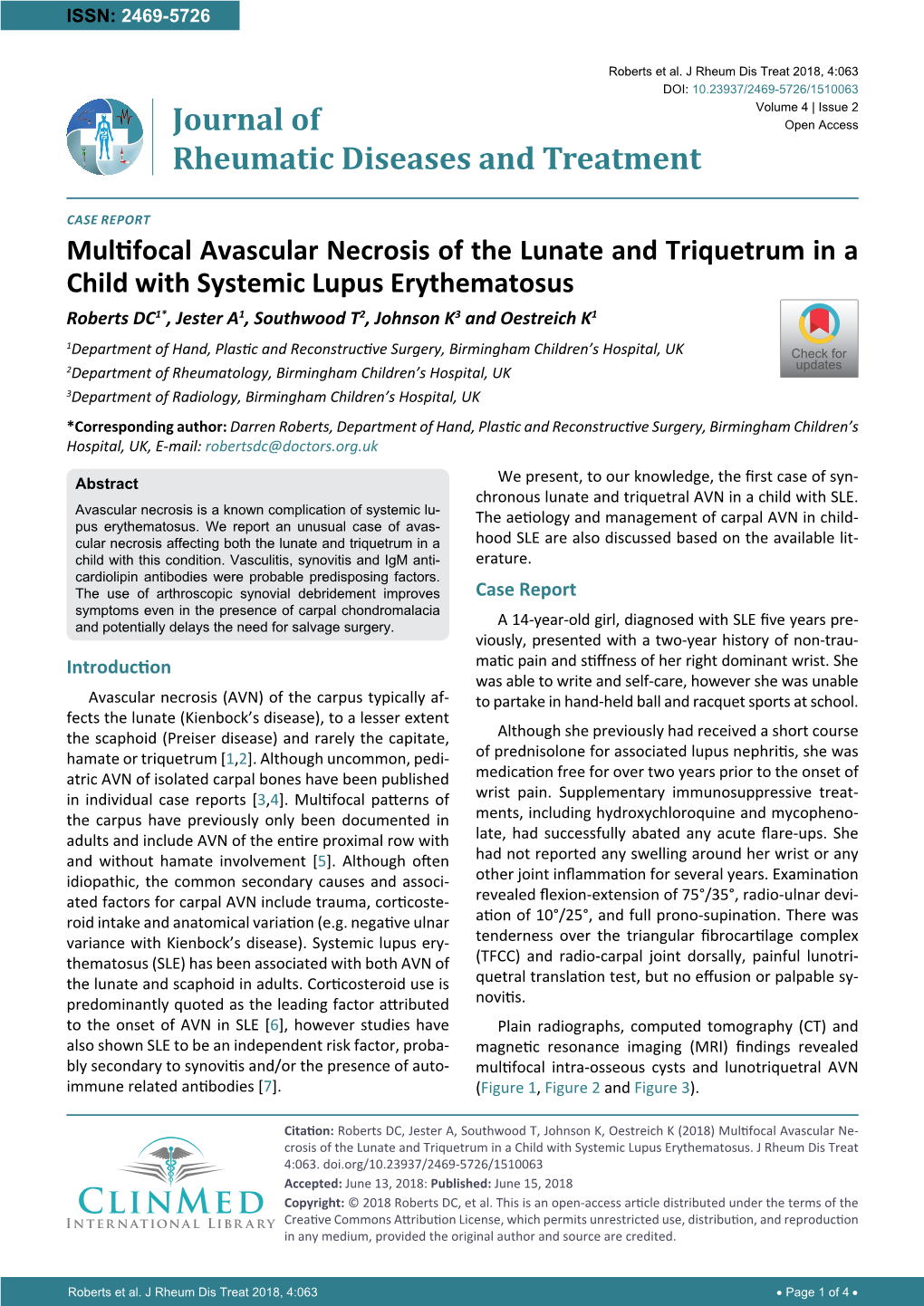 Multifocal Avascular Necrosis of the Lunate and Triquetrum in a Child