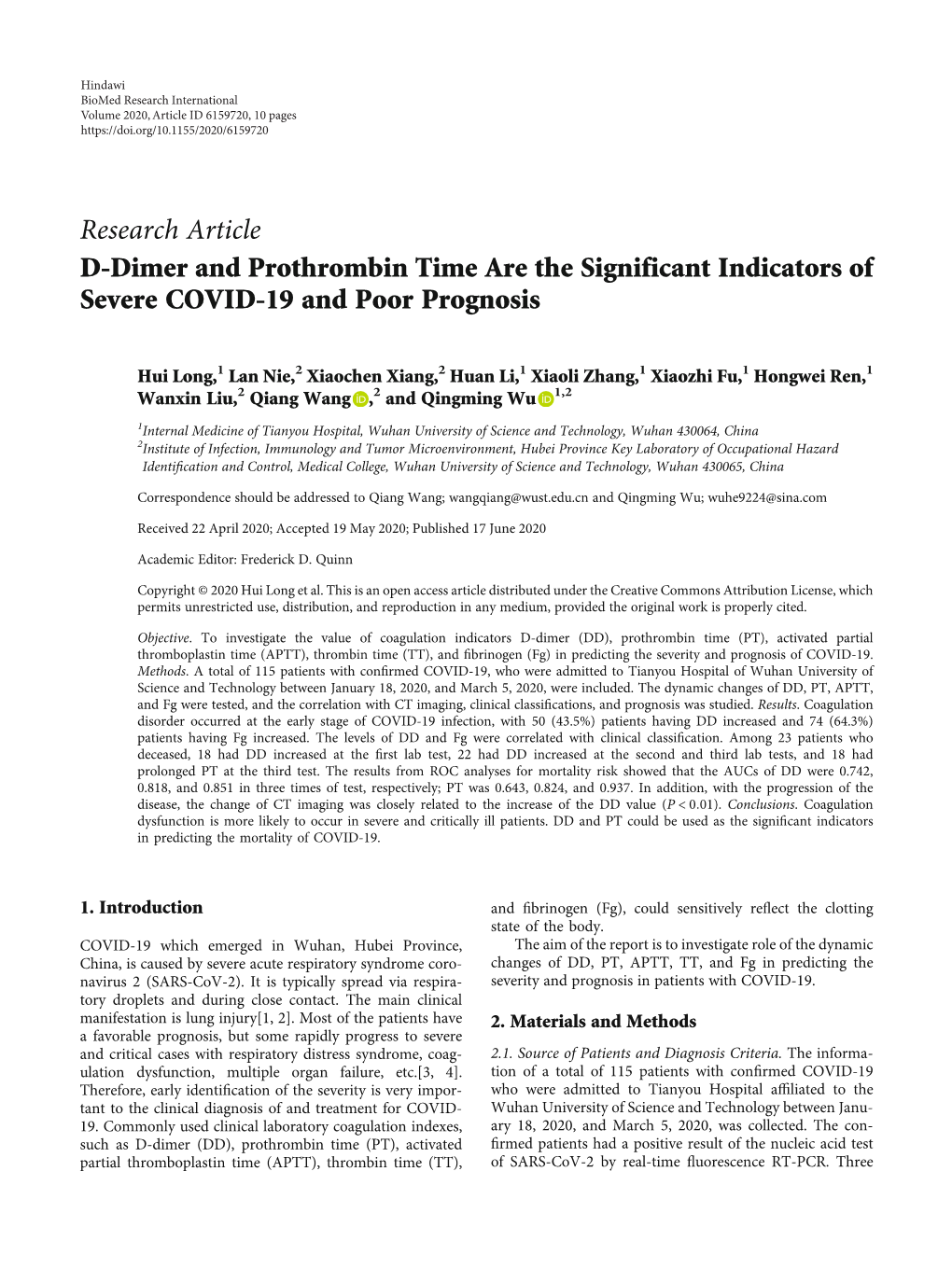 Research Article D-Dimer and Prothrombin Time Are the Significant Indicators of Severe COVID-19 and Poor Prognosis