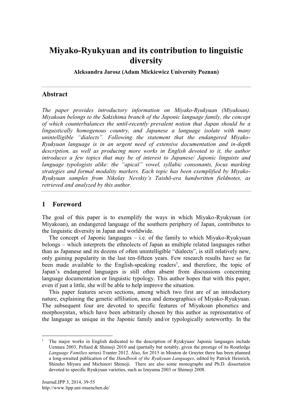 Aleksandra Jarosz, Miyako-Ryukyuan and Its Contribution to Linguistic