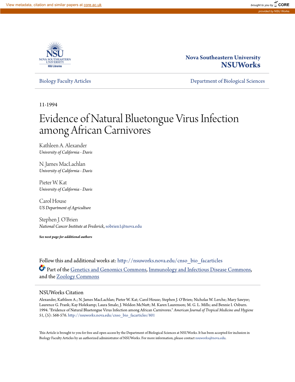 Evidence of Natural Bluetongue Virus Infection Among African Carnivores Kathleen A