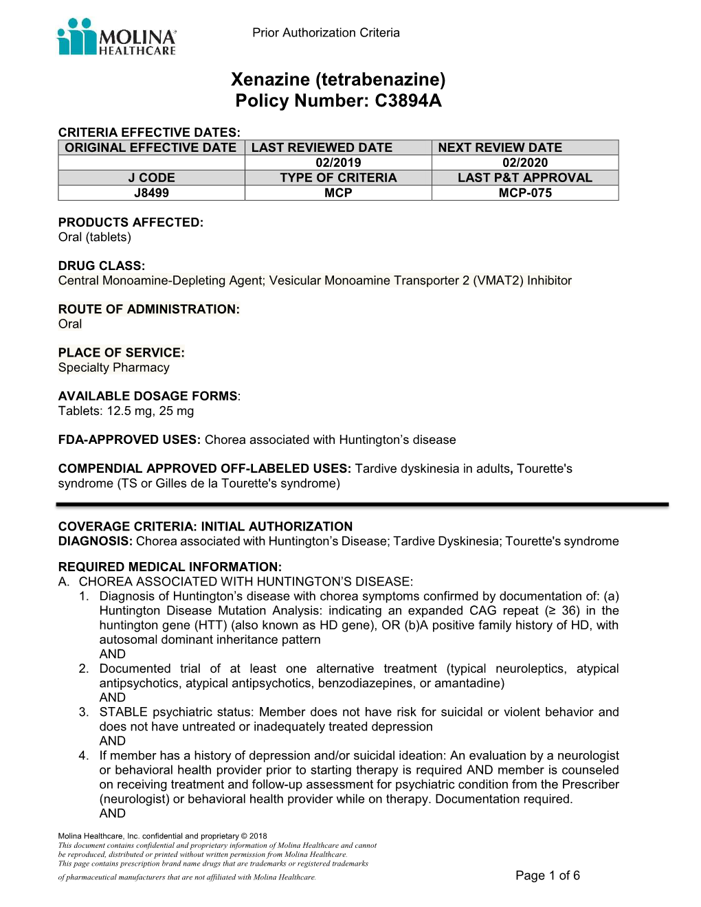 Xenazine (Tetrabenazine) Policy Number: C3894A