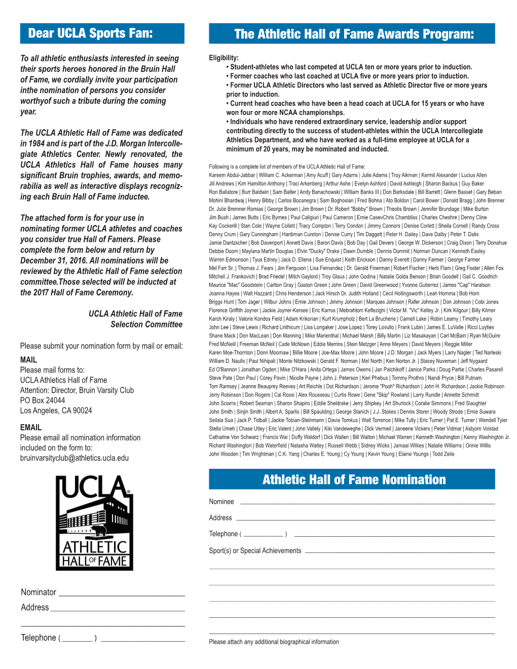 The Athletic Hall of Fame Awards Program: Dear UCLA Sports Fan