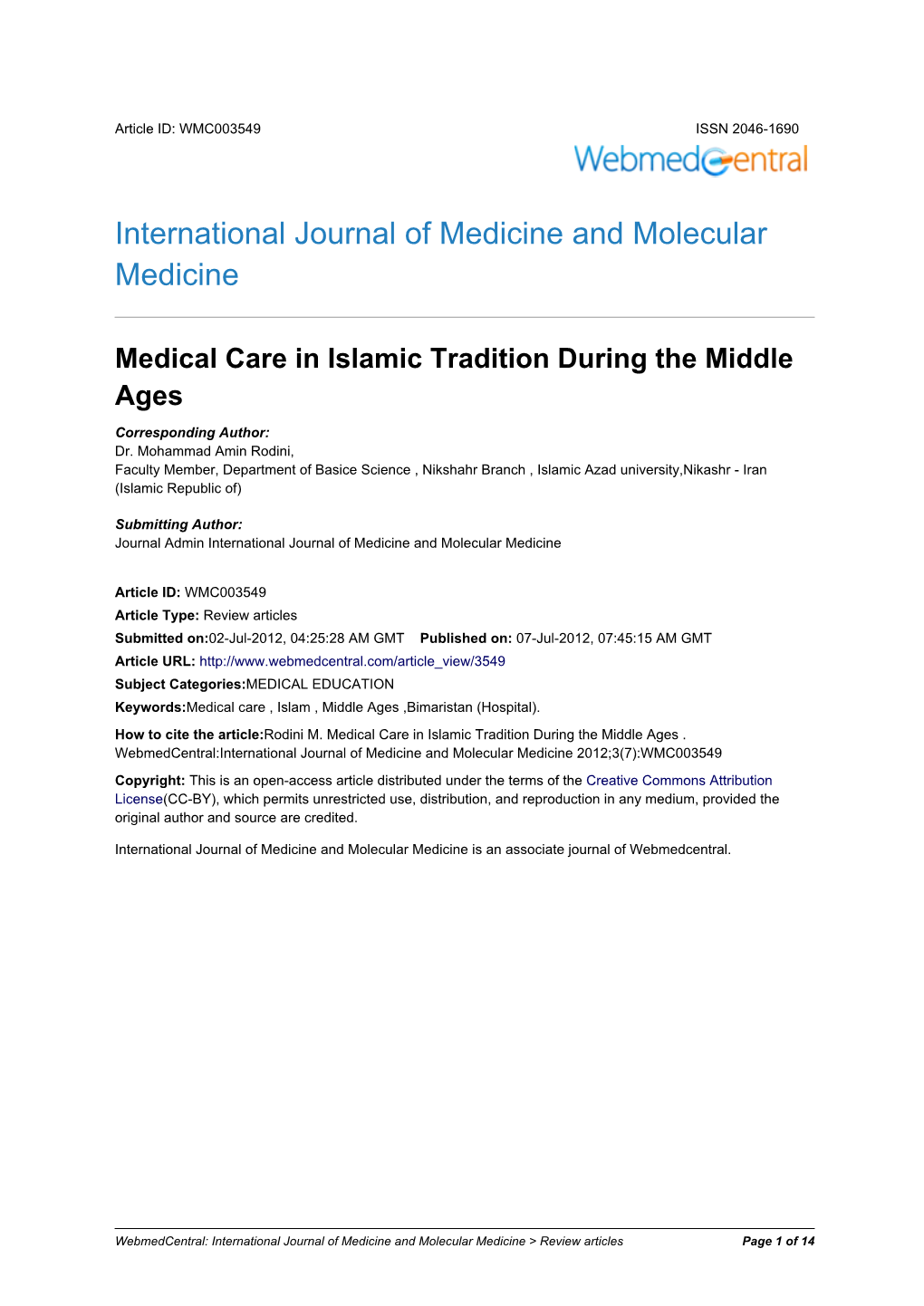 International Journal of Medicine and Molecular Medicine