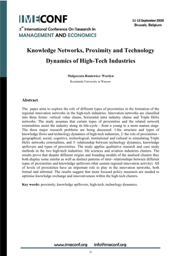 Knowledge Networks, Proximity and Technology Dynamics of High-Tech Industries
