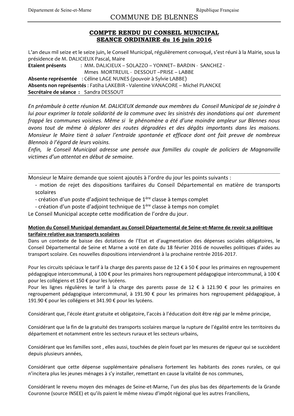 Département De Seine-Et-Marne République Française COMMUNE DE BLENNES