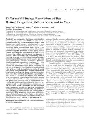 Differential Lineage Restriction of Rat Retinal Progenitor Cells in Vitro And